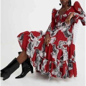 Autumn Adeigbo Fleur Sz 4 Dress Red Black Georgette Butterfly Long Sleeve new